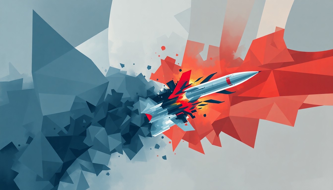 A dynamic, abstract painting featuring overlapping geometric shapes and waves of blue, grey, and red color, representing the speed and power of modern defense technology.