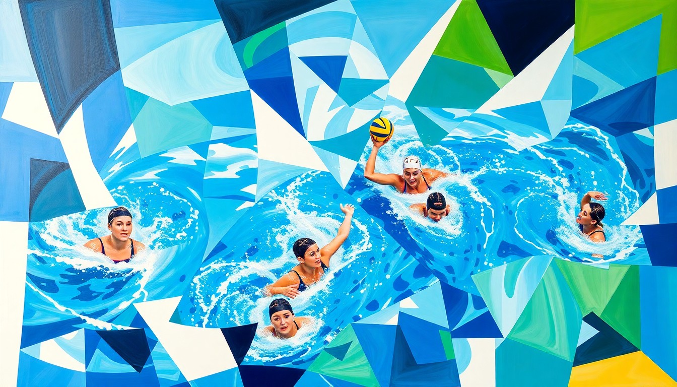 A fragmented, geometric painting depicting the dynamic movements and energy of a women's water polo game, with overlapping planes of blue, green, and white representing the water and players.