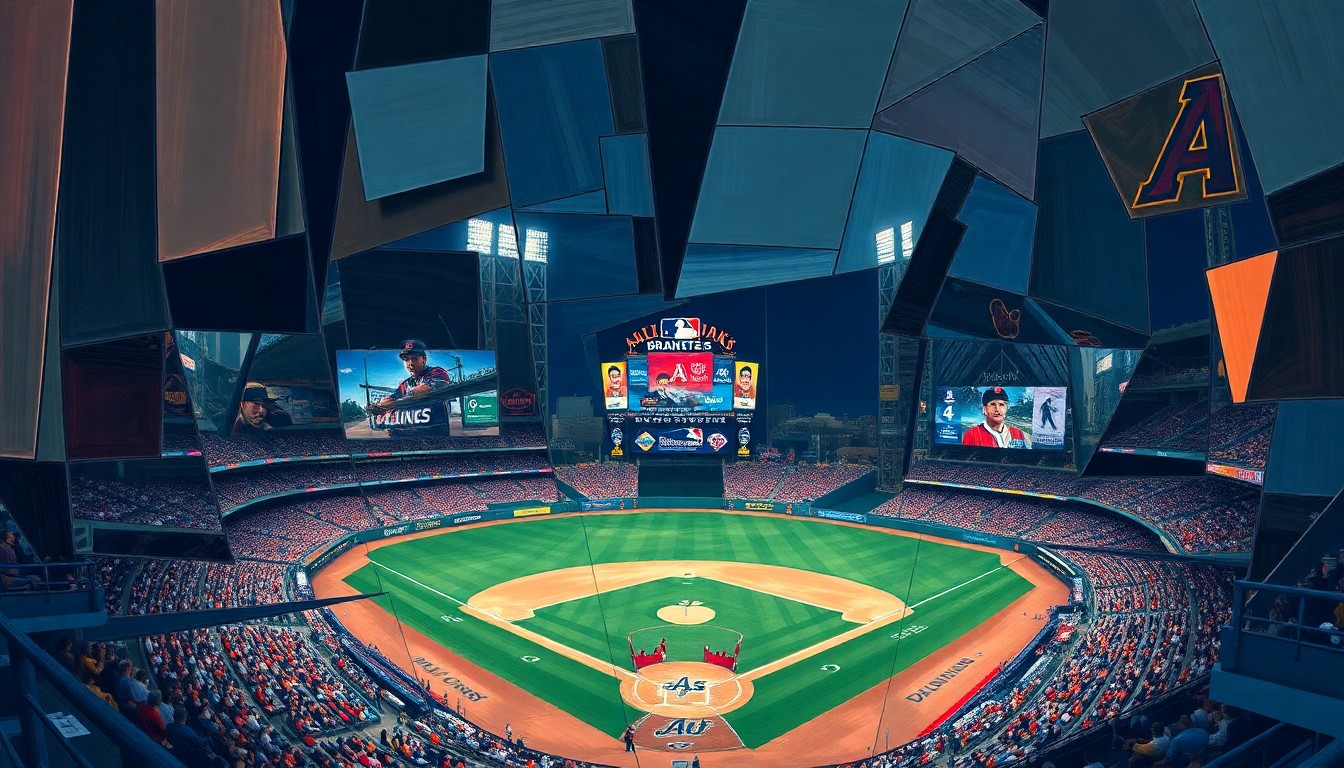 A fractured, multi-perspective painting depicting a baseball game between the Atlanta Braves and Arizona Diamondbacks, with the players and field broken down into sharp, overlapping geometric shapes and planes in a cubist style.