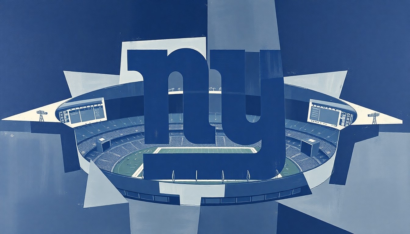A cubist, geometric deconstruction of the New York Giants' logo and stadium, rendered in a muted color palette, conceptually representing the complex ownership changes and investigations surrounding the team.