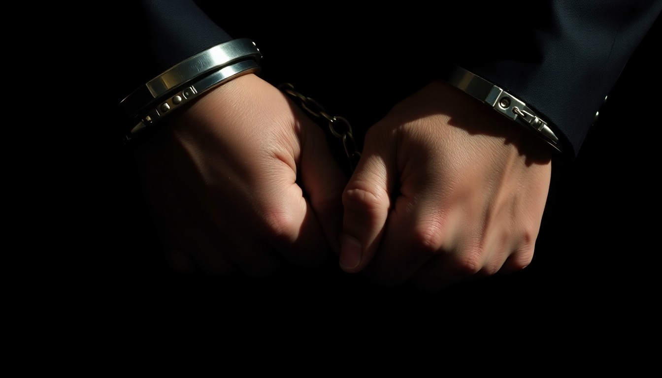 An extreme close-up photograph of a pair of handcuffed hands, the metal cuffs reflecting harsh light and casting dramatic shadows, conceptually representing the Duggar family's legal troubles.