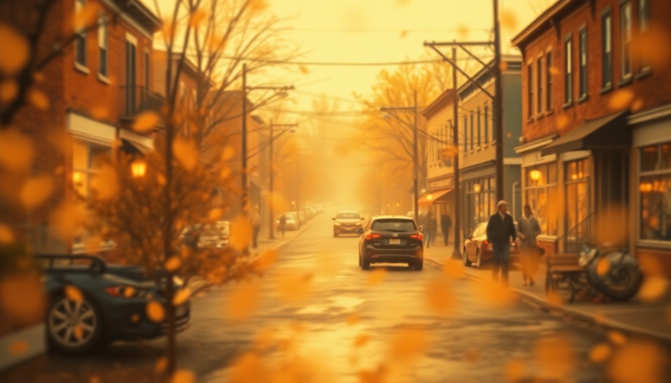 An extremely abstracted, out-of-focus photograph in warm tones, depicting a hazy, dreamlike scene of everyday life in a small town.