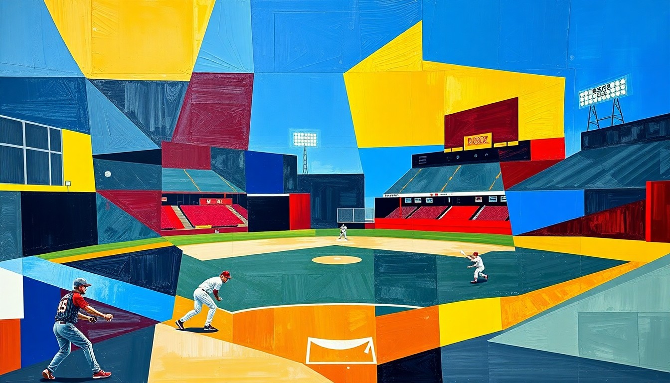 A cubist, geometric painting depicting a fragmented baseball scene, with sharp planes of royal blue, gold, and crimson representing the various elements of the game and the people who make the team successful.