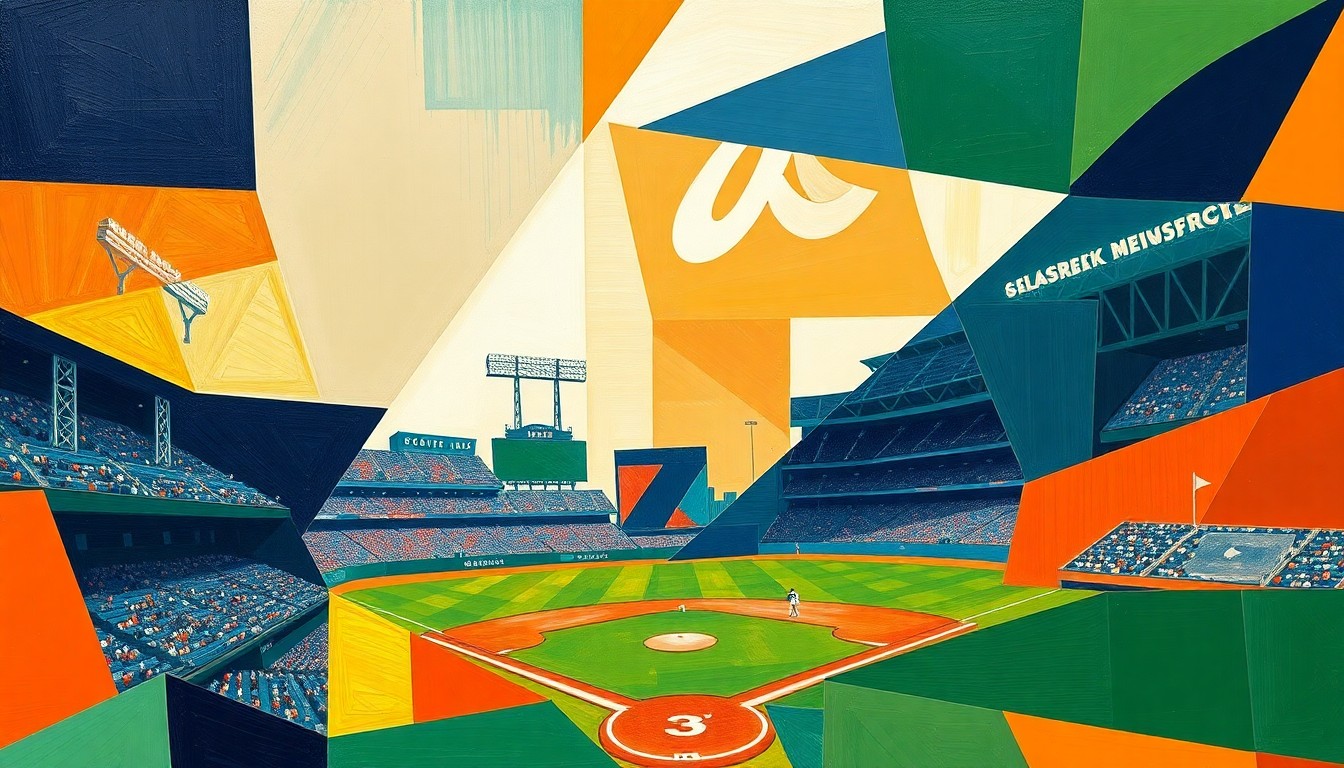 A vibrant, cubist-style painting depicting a baseball game broken down into overlapping geometric shapes and planes of color, capturing the dynamic energy of the sport.