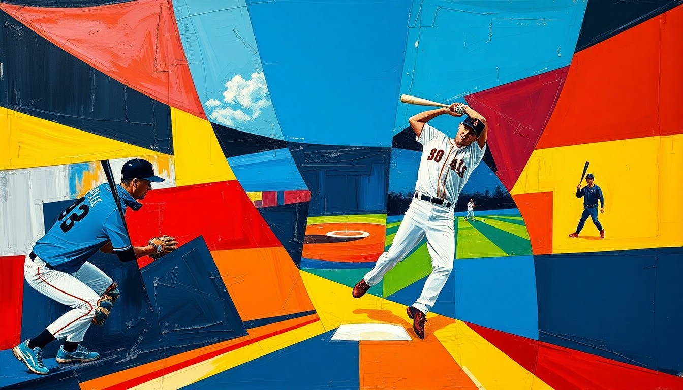 A cubist-style painting featuring overlapping geometric shapes and planes in navy, red, and yellow, conceptually representing the motion and energy of a baseball player's swing.