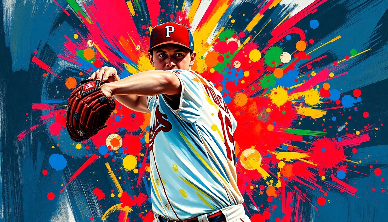 An abstract expressionist painting in vibrant neon colors, depicting the powerful motion and energy of a baseball pitcher in mid-delivery, with his face and uniform details blurred into unrecognizable brushstrokes.