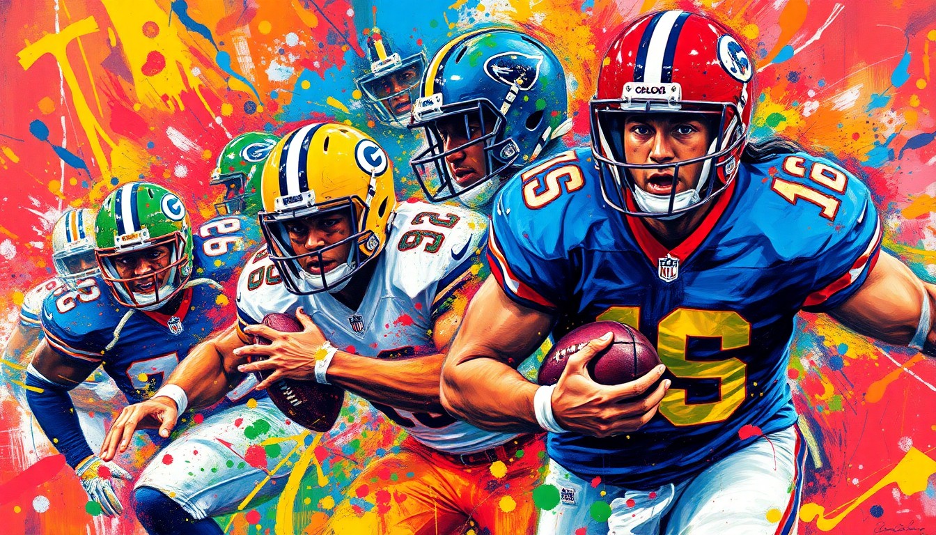 A dynamic, abstract painting in neon colors depicting the energy and movement of an NFL football game, with players' forms blending together in a vibrant, expressionistic style.