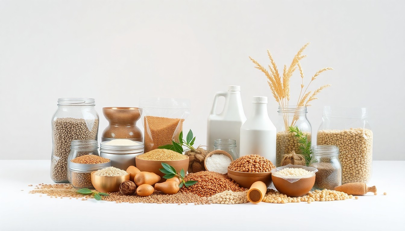 A photorealistic studio still-life photograph featuring an elegant arrangement of various agricultural products and materials, such as seeds, grains, and biobased chemicals, set against a clean, monochromatic background and dramatically lit to highlight their textures and colors, conceptually representing the innovation and diversity of the American agricultural industry.