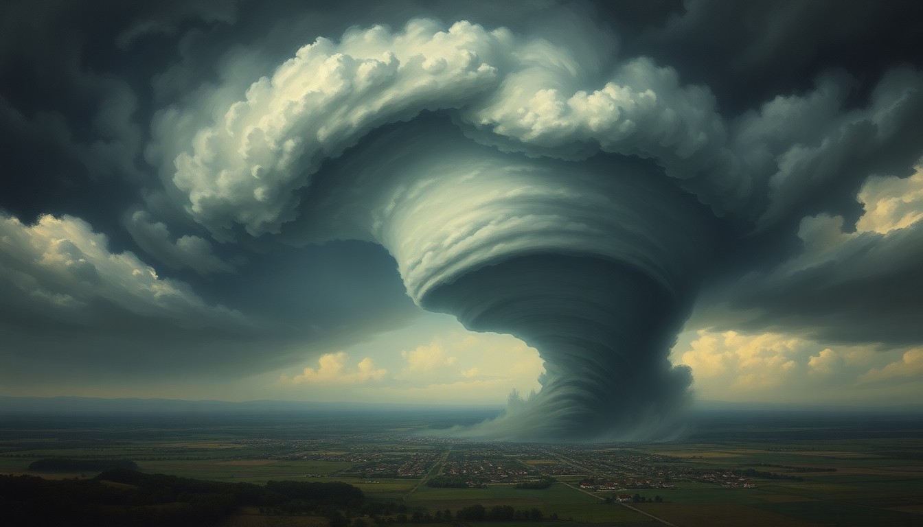 A vast, majestic landscape painting depicting a tornado-ravaged town in the distance, dwarfed by the overwhelming scale of the swirling, ominous clouds above, conveying the sublime power of the natural disaster.