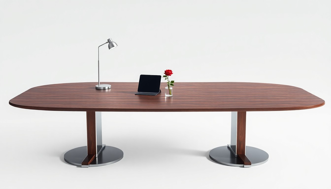 A high-end, photorealistic studio still-life photograph featuring a sleek, modern conference table with a tablet device, a red rose, and a minimalist desk lamp, all arranged elegantly against a clean, monochromatic white background, conceptually representing the strategic partnership and expanded capabilities of the combined Nth Degree and INVNT organization.