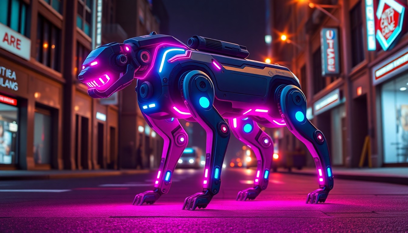 A highly detailed, glowing 3D illustration of a sleek, four-legged robot canine unit with an array of sensors and cameras, patrolling an urban street at night. The robot’s body is illuminated by neon cyan and magenta lights, giving it an ominous, high-tech presence.