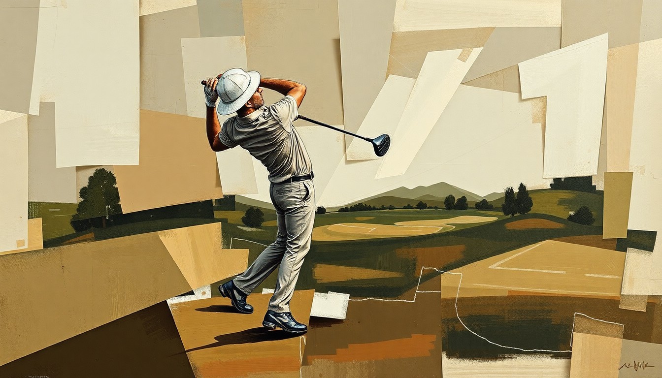 A cubist, geometric painting depicting a fragmented, multi-angled view of a golf swing or golf course, rendered in muted earth tones and metallic accents to convey a sense of the personal challenges facing the famous athlete.