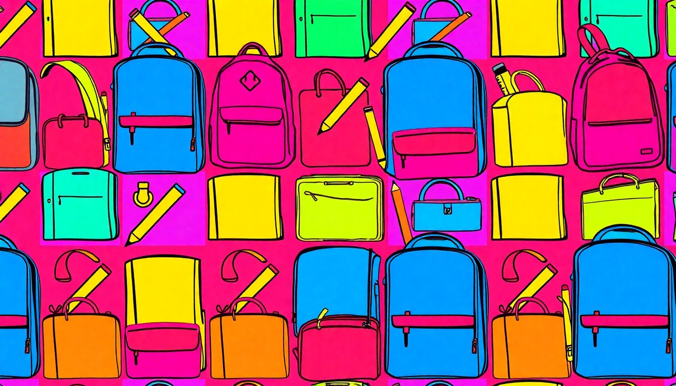 A vibrant, high-contrast silkscreen print of a school backpack repeated in a grid pattern, using a bold neon color palette and heavy black outlines to transform the everyday object into a pop art-inspired illustration.