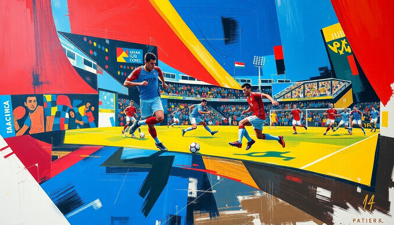 A cubist, geometric painting depicting the fragmented movements and perspectives of a soccer player, conveying the dynamic nature of the sport and the complex paths players can take in their careers.