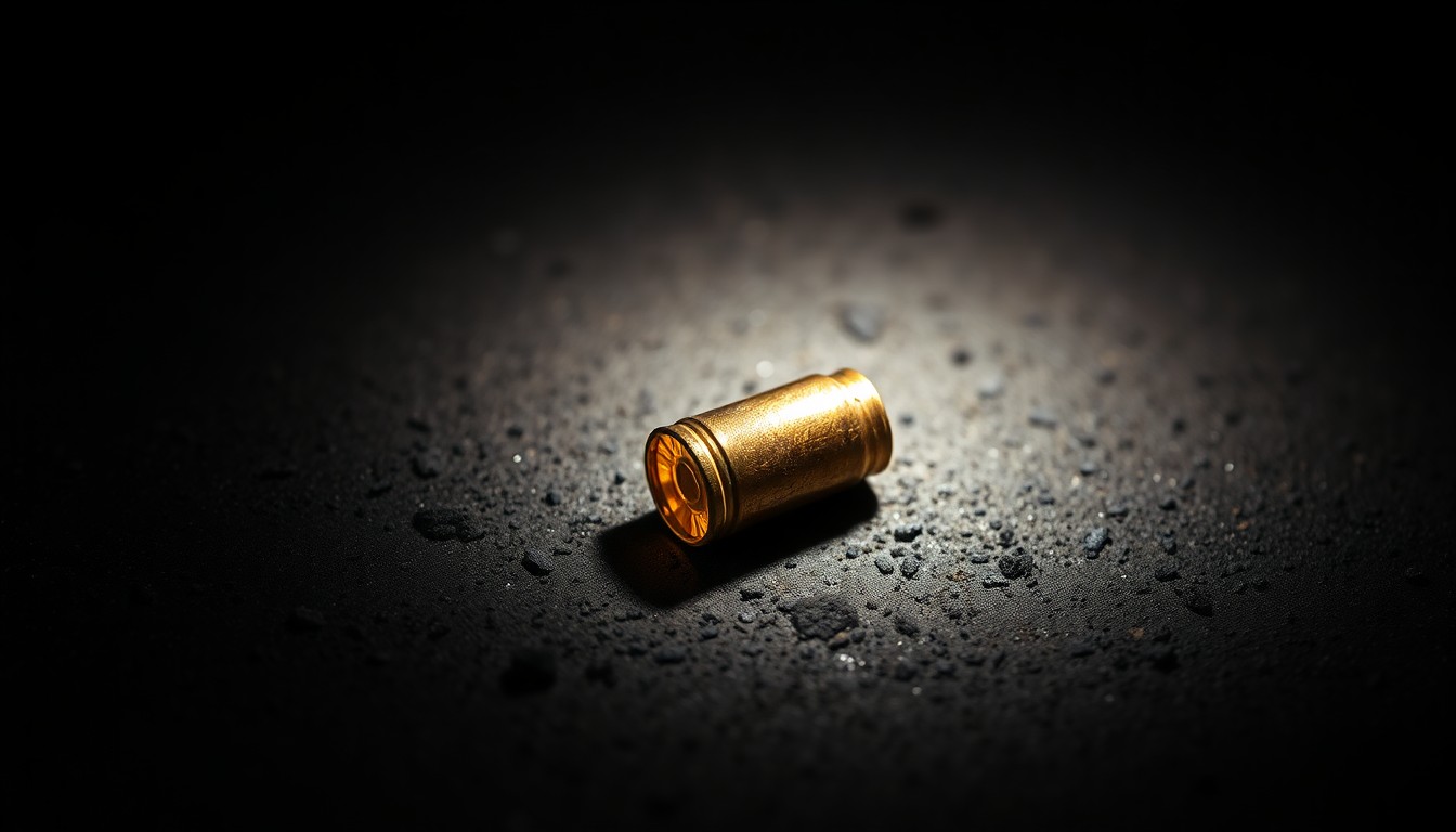 An extreme close-up of a single spent bullet casing on a dark, textured surface, dramatically lit by a harsh camera flash to create a stark, gritty, investigative aesthetic without words.