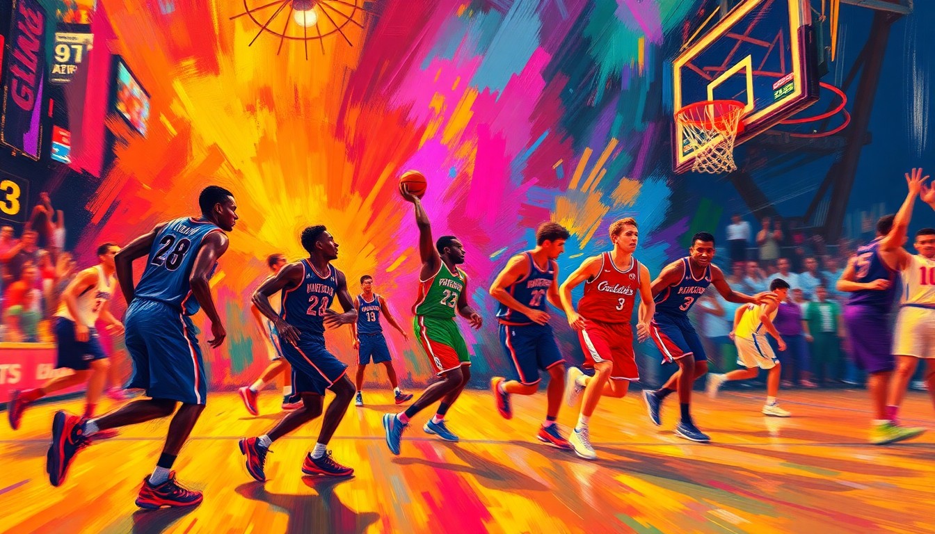 A vibrant, abstract painting in neon colors and loose, expressive brushstrokes depicts the fast-paced action of a basketball game, with blurred figures and a sense of raw athletic energy.
