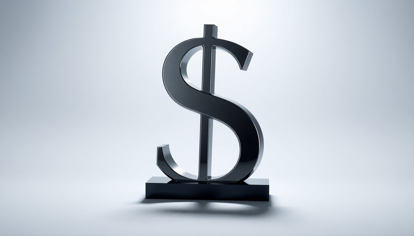 A photorealistic studio still-life image featuring a polished, geometric metal sculpture in the shape of a stylized dollar sign, resting on a clean, monochromatic background and dramatically lit to represent abstract corporate finance and legal concepts.