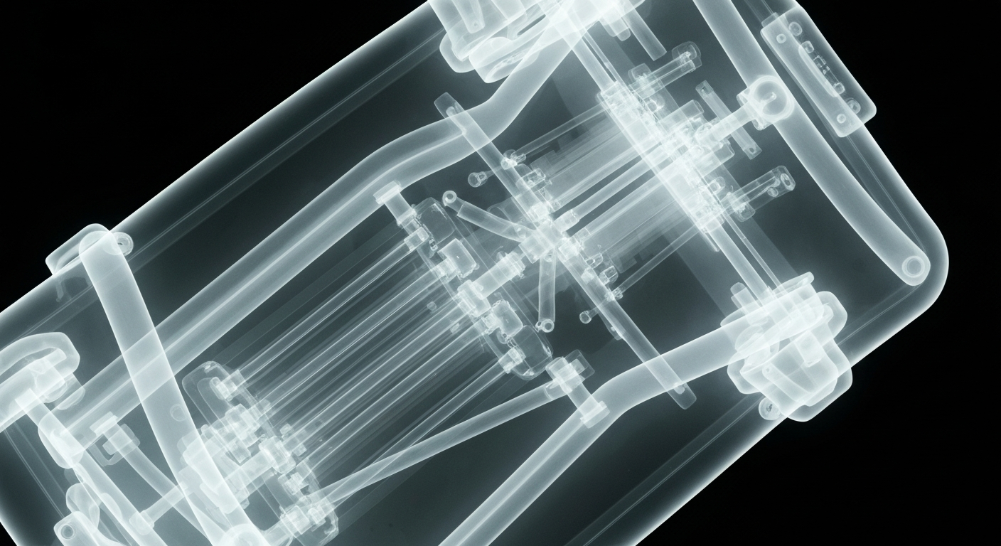 A translucent X-ray photograph revealing the intricate internal structure of a medical device, conceptually representing the advanced analytics and AI capabilities of RLDatix's healthcare technology.