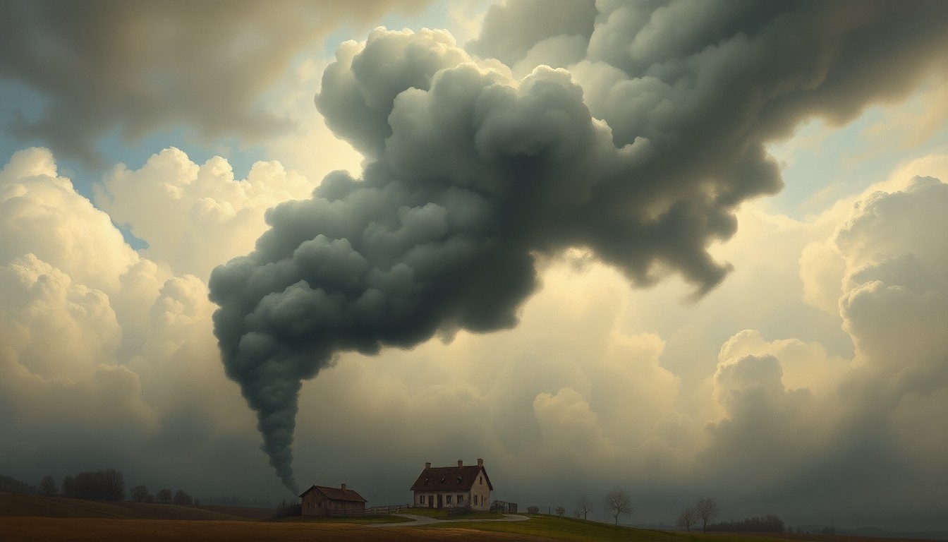 A sweeping, moody landscape painting depicting a small bakery building dwarfed by a billowing plume of dark smoke rising into a dramatic, cloudy sky, conveying the overwhelming power of the natural elements.