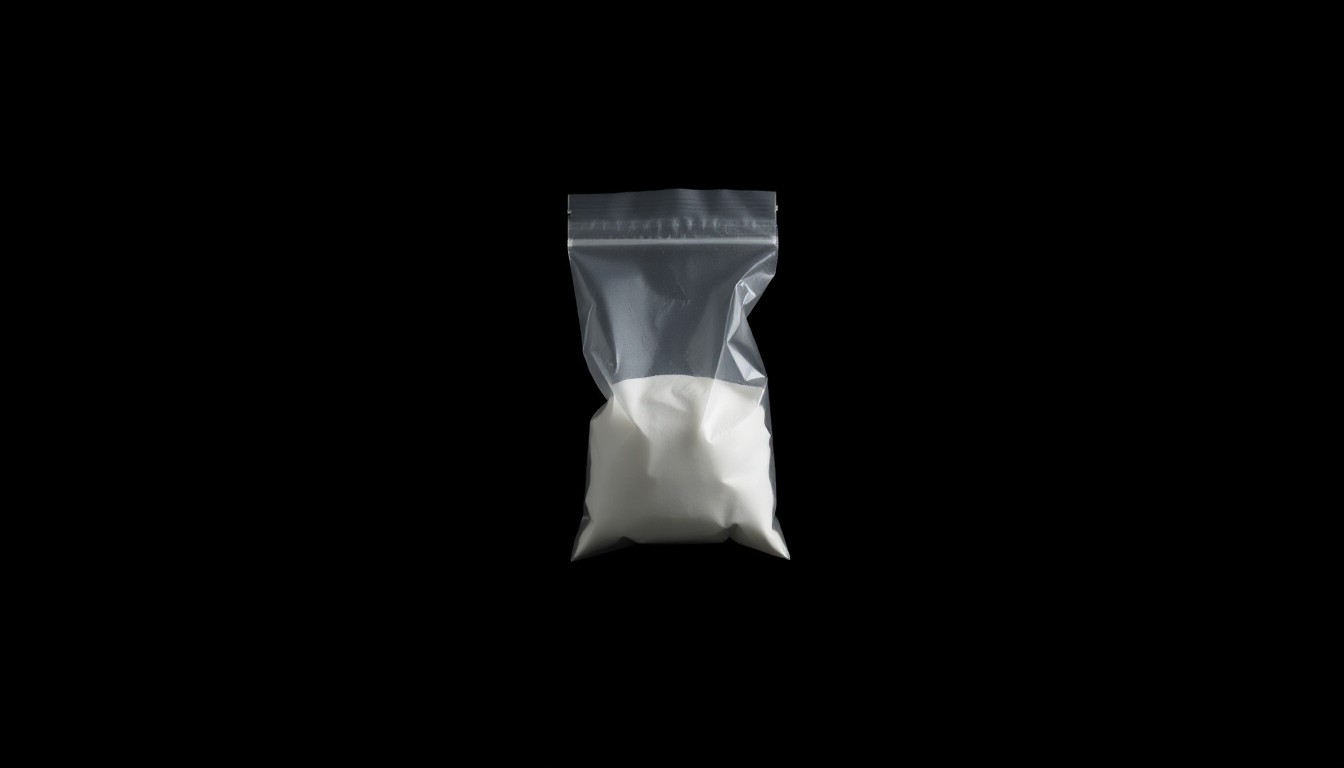 An extreme close-up of a small plastic bag containing a white powdery substance, starkly lit by a harsh camera flash against a pitch-black background, conceptually representing the discovery of a dangerous drug during a law enforcement operation.