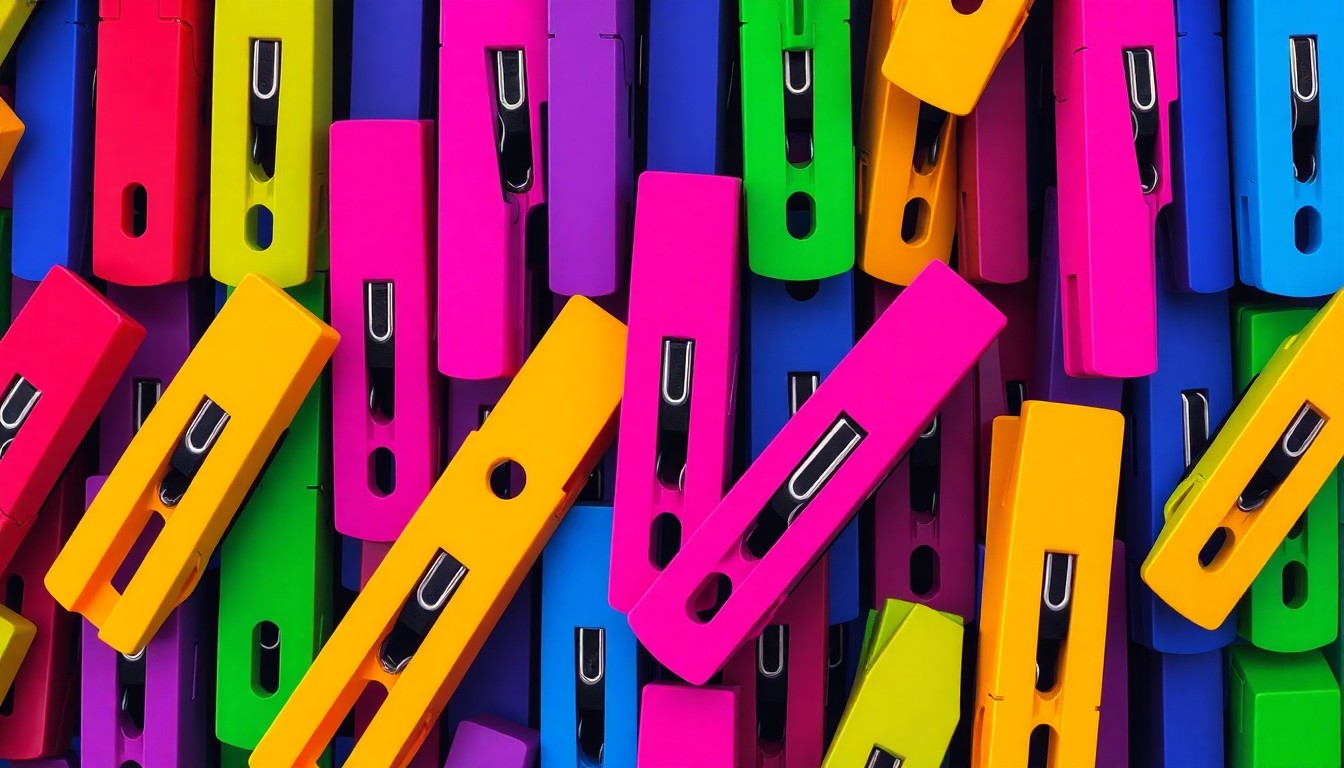 A vibrant, high-contrast silkscreen print featuring a grid of vintage clothespins in a variety of bright, neon colors, conceptually representing the retro style and personality that antique laundry room accessories can bring to a utilitarian space.