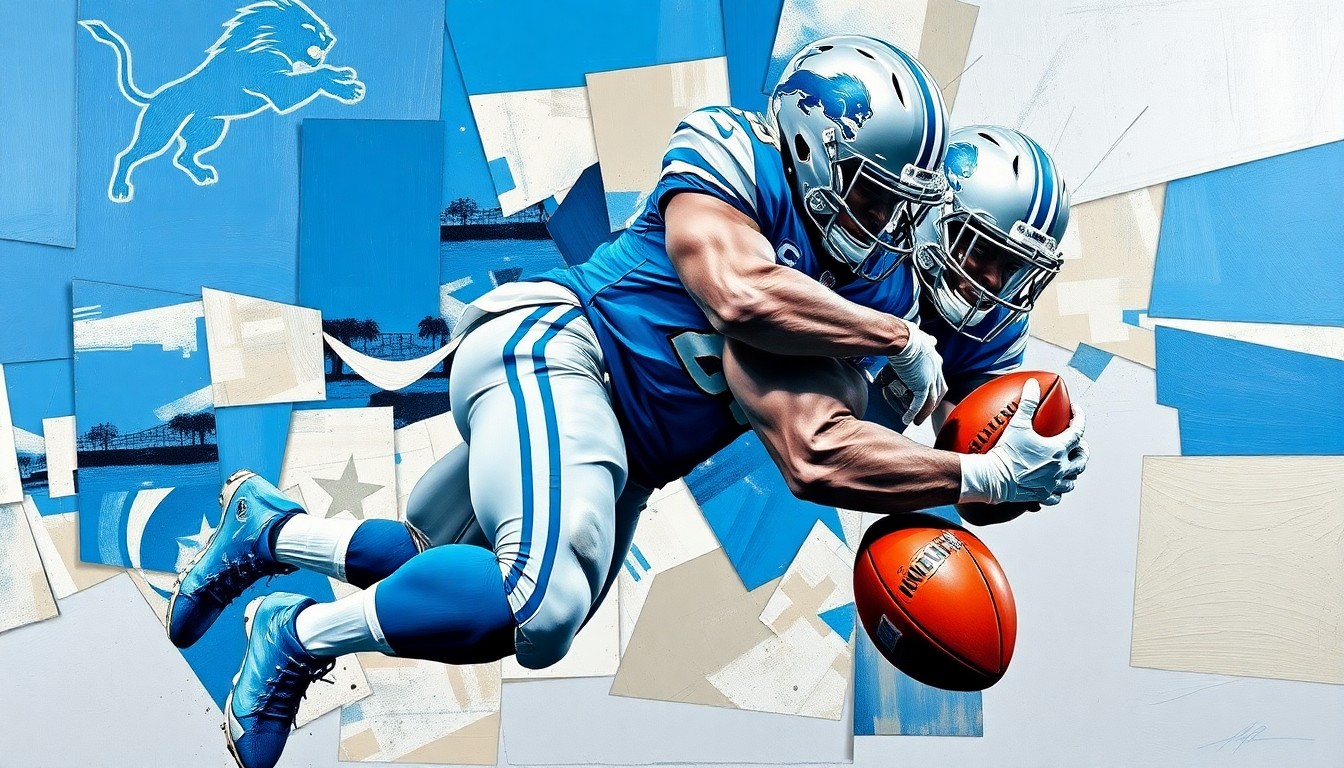 A fractured, multi-perspective painting depicting the explosive energy of a defensive lineman making a tackle, with sharp, overlapping geometric shapes in shades of blue, silver, and pewter.