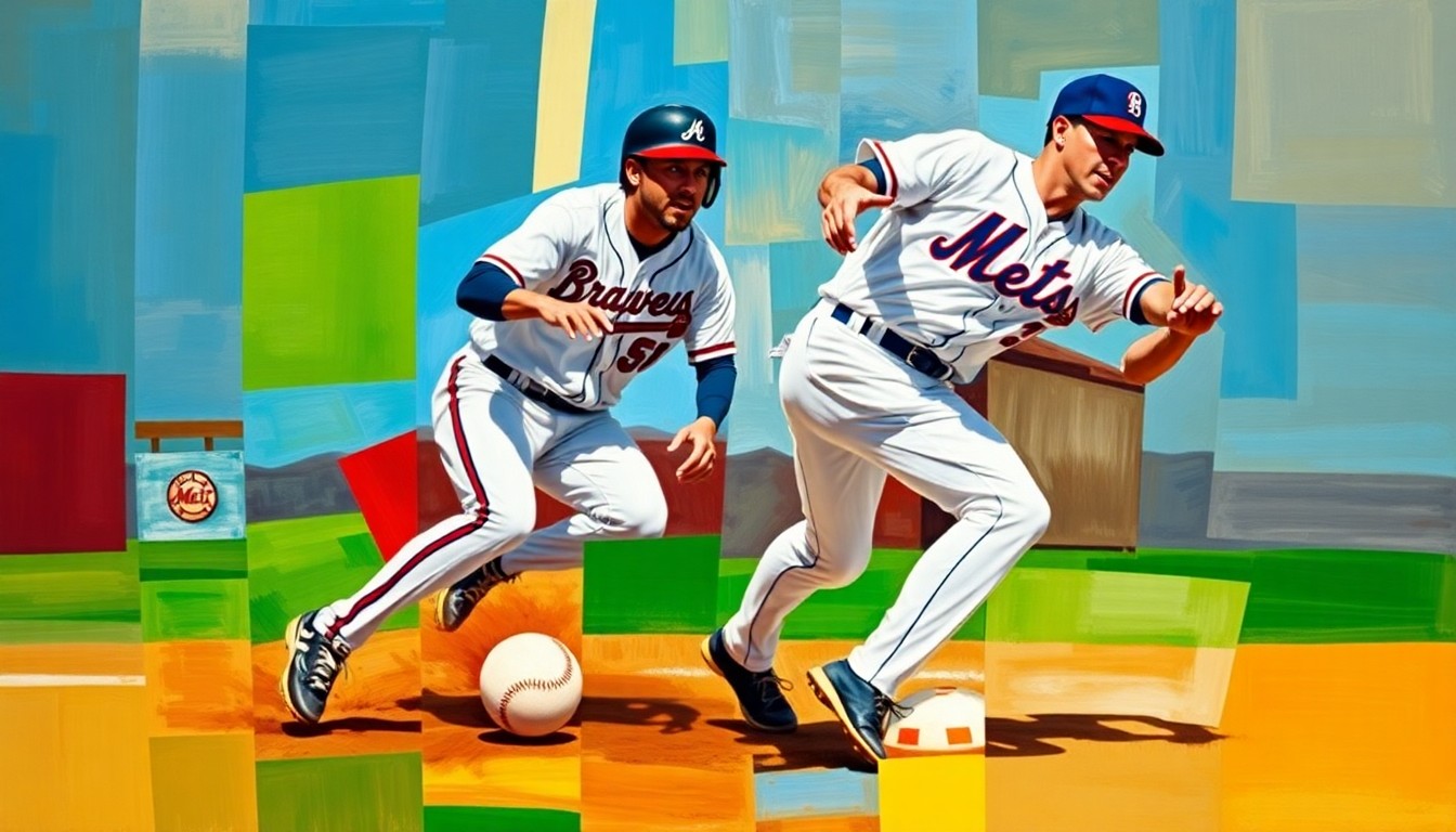 A fragmented, geometric painting depicting a baseball player sliding into a base, the scene broken down into sharp, overlapping planes of color representing the uniforms of the competing teams.