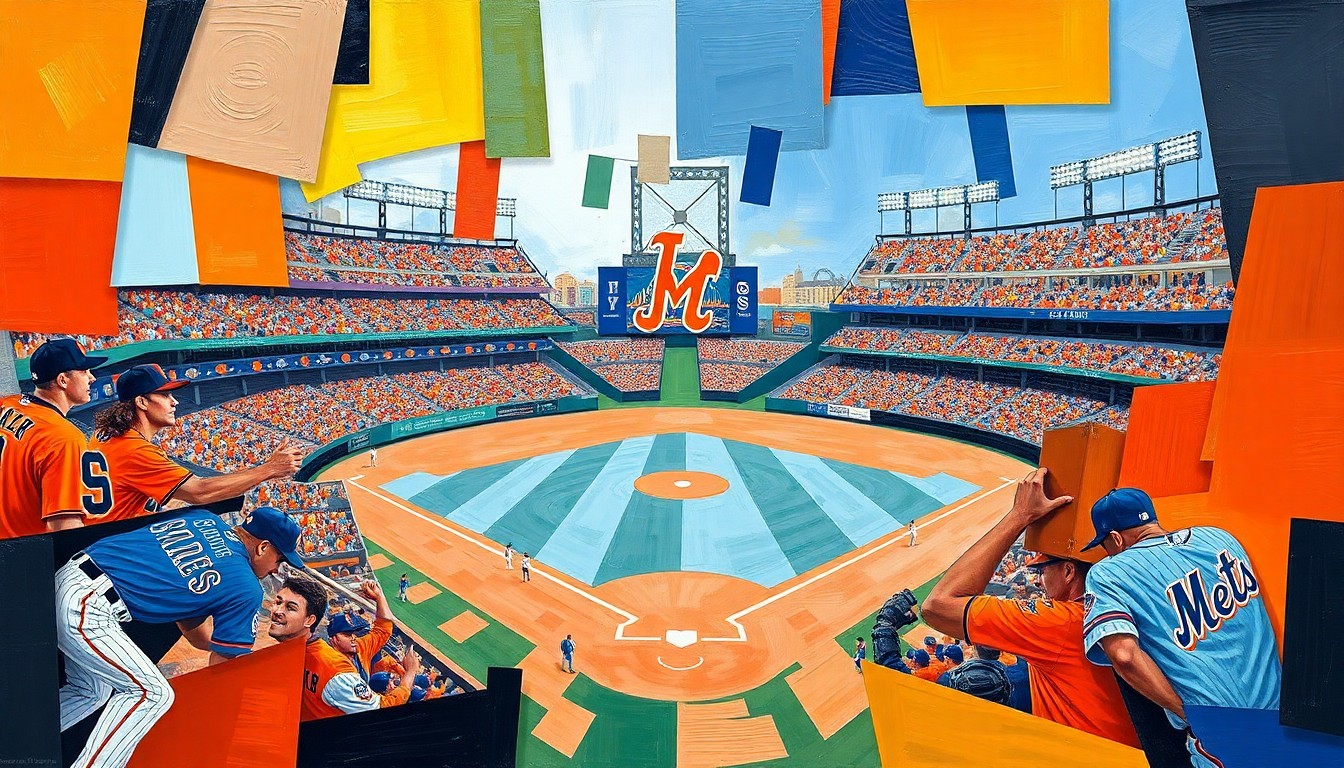 A cubist, geometric painting depicting a baseball game between the San Francisco Giants and New York Mets, with the players and field broken down into sharp, overlapping planes of color in the style of Pablo Picasso.