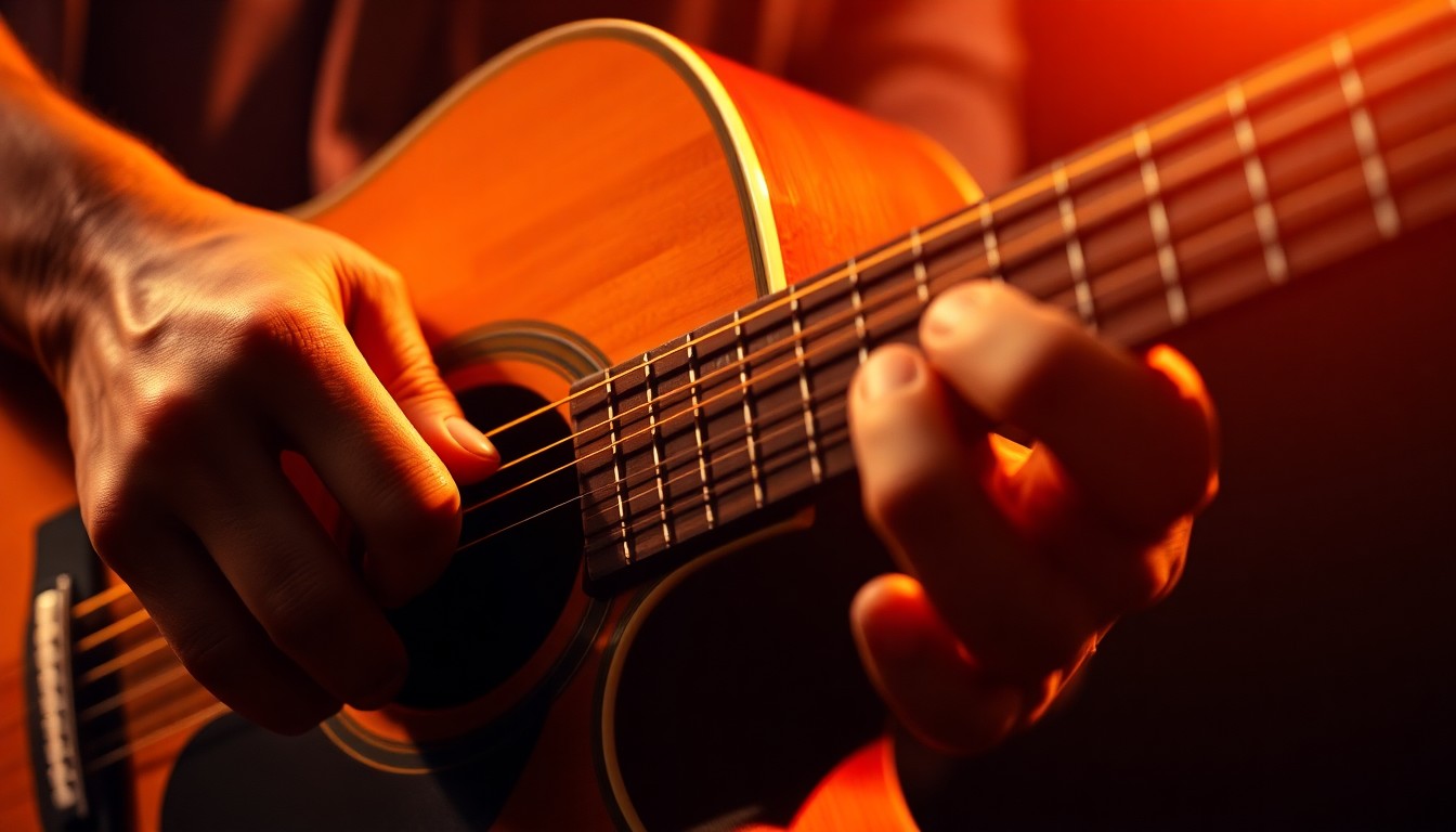 An extreme close-up photograph of an acoustic guitar's strings and wood grain, captured in dramatic, high-contrast studio lighting to create a sense of musical intimacy and star power.