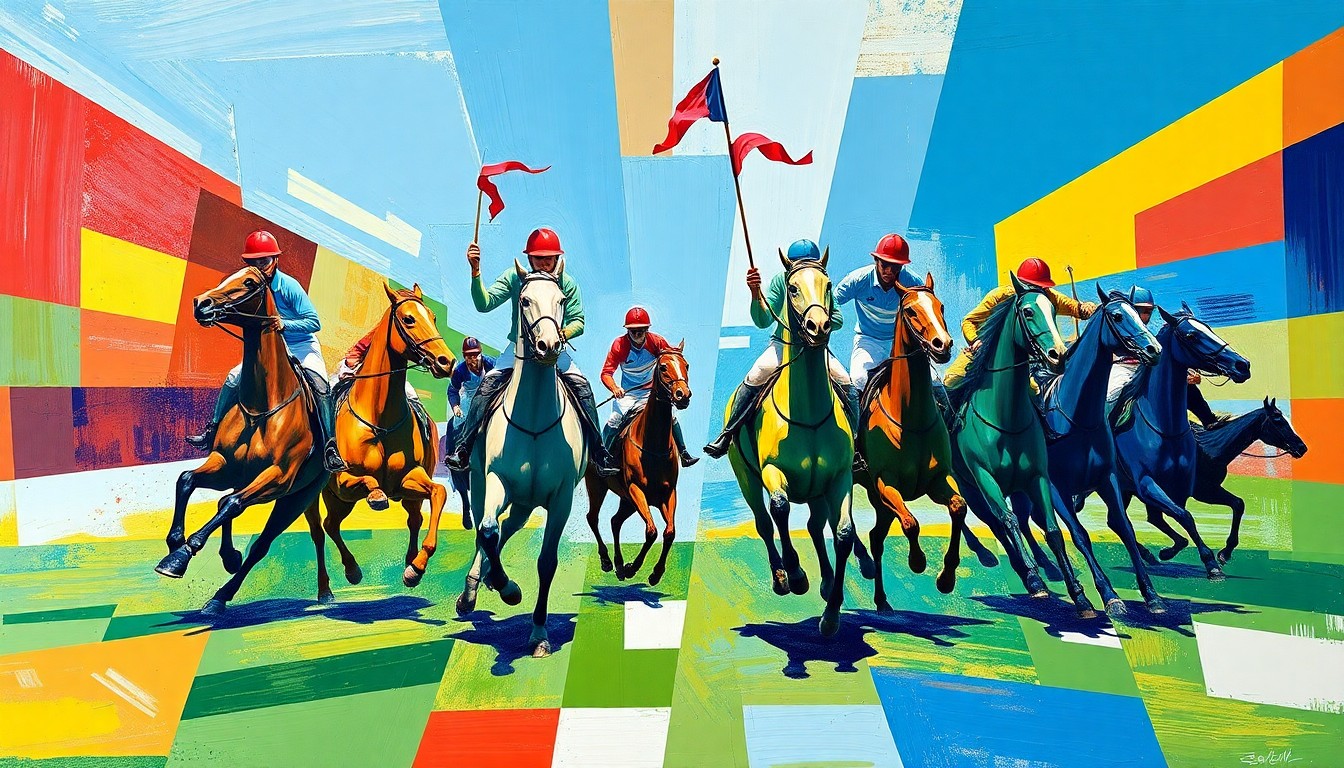 A cubist, geometric painting depicting a collegiate polo match, with sharp, overlapping planes of color representing the dynamic action and competition of the sport.