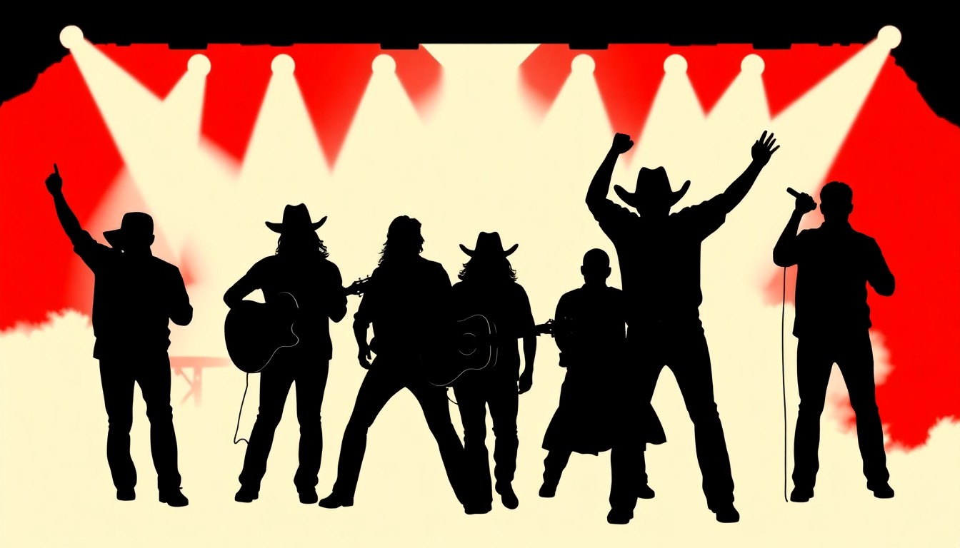 A minimalist, abstract illustration featuring bold black silhouettes and high-contrast solid colors, conceptually representing the energy and excitement of a country music performance.