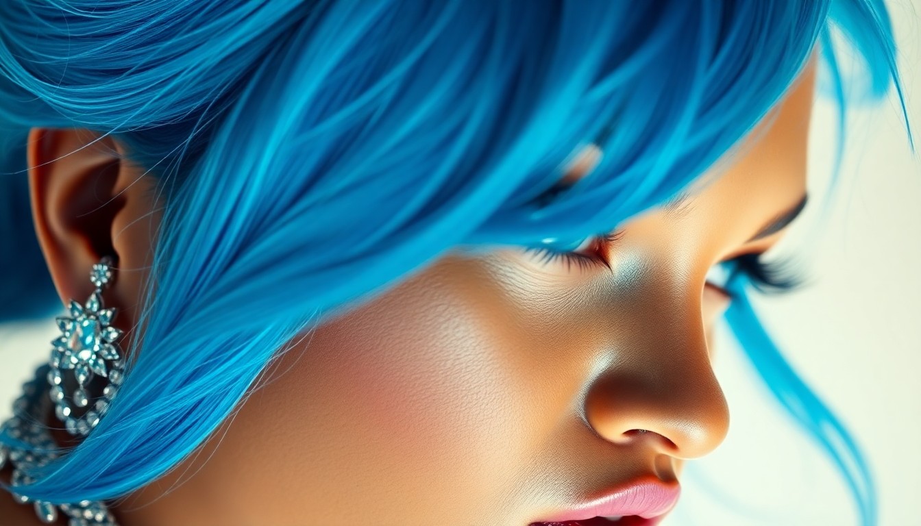 An extreme close-up of North West's blue hair and jewelry, captured in dramatic, high-contrast studio lighting to create a glitzy, high-fashion aesthetic.