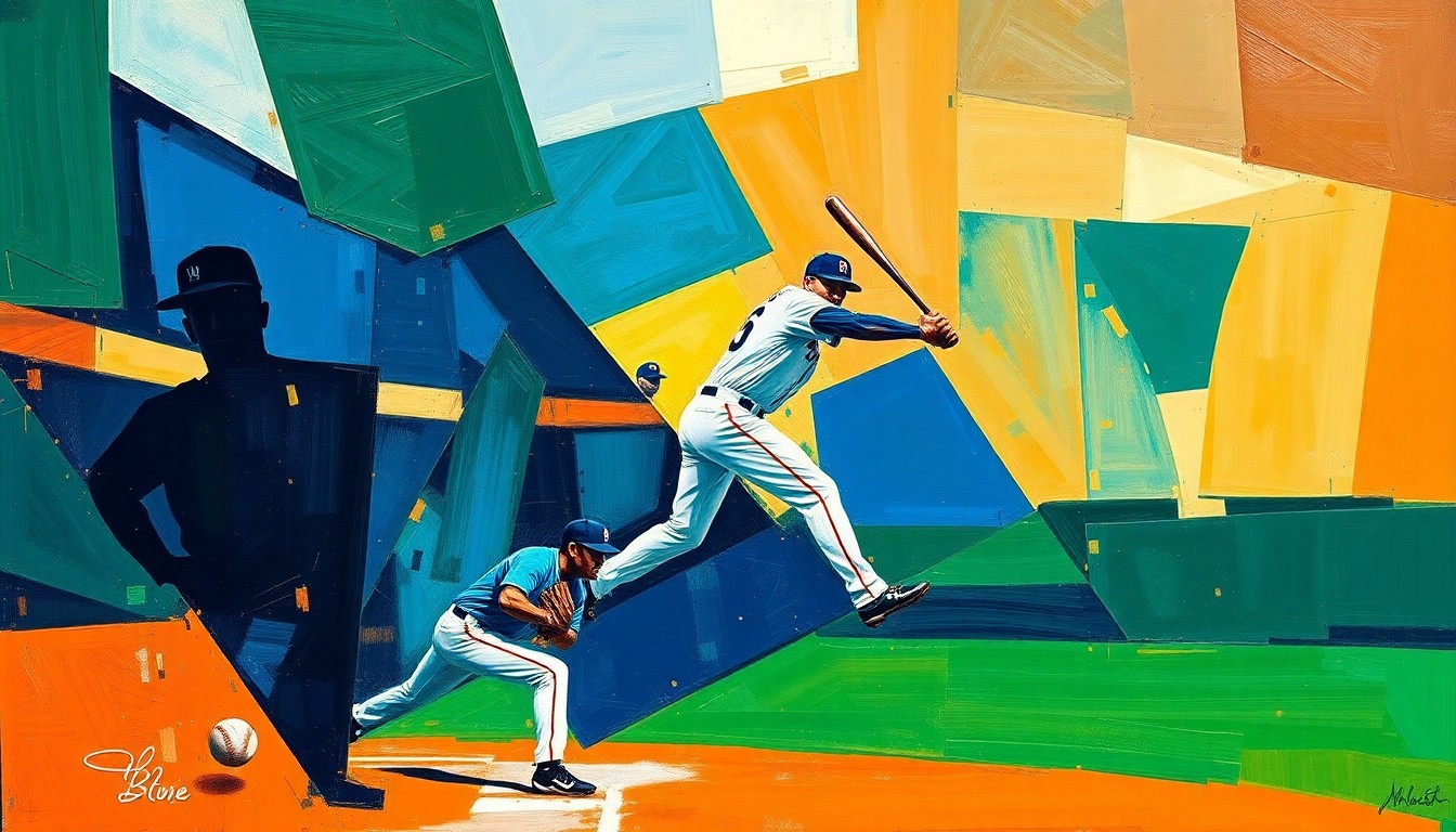 A cubist, geometric painting depicting a baseball pitcher in motion, with the player's form broken down into overlapping planes of navy, green, and orange hues, conveying the fractured nature of the White Sox's pitching staff.