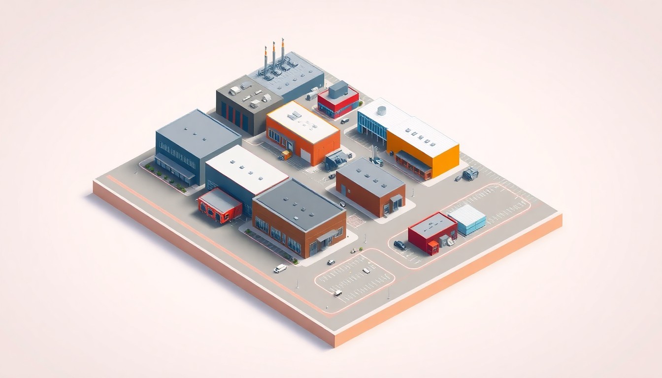 A detailed, isometric 3D digital illustration depicting a miniature model of the Tom McCall Industrial Park in Prineville, Oregon, with stylized warehouses, factories, and office buildings arranged in a clean, organized layout and using bold, vibrant colors and dramatic lighting to convey a sense of energy and economic vitality.