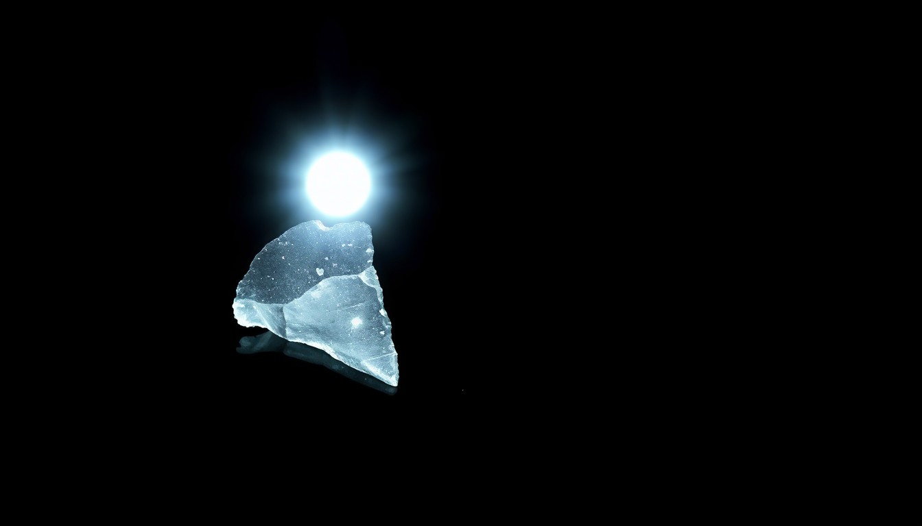 An extreme close-up photograph of a shattered glass shard reflecting a bright flash of light, conceptually illustrating the trauma and violence of the Vista homicide.
