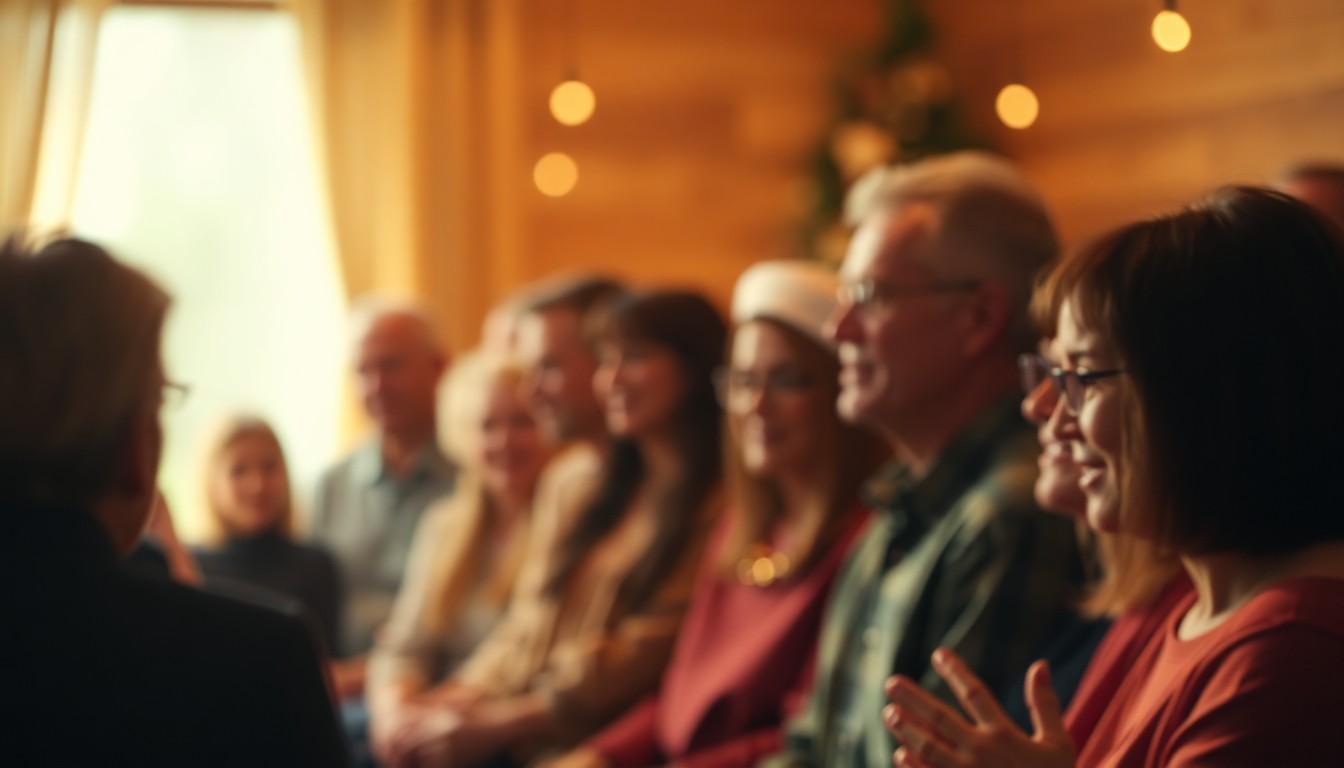 A softly blurred, out-of-focus photograph in warm, muted tones, depicting a group of people gathered together in a cozy, intimate setting, conveying a sense of community and comfort.