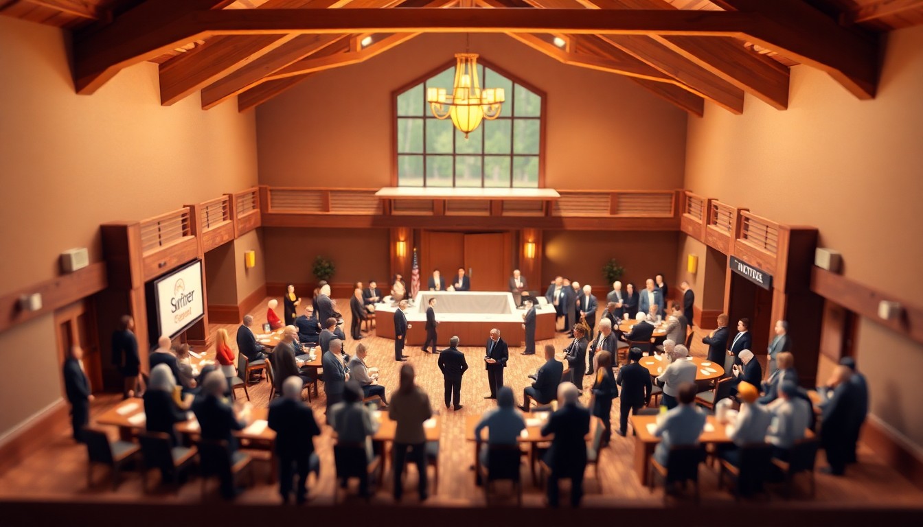 A miniature 3D diorama scene depicting a group of stylized figures gathered in a warm, modern event space, representing the SLED Annual Luncheon.