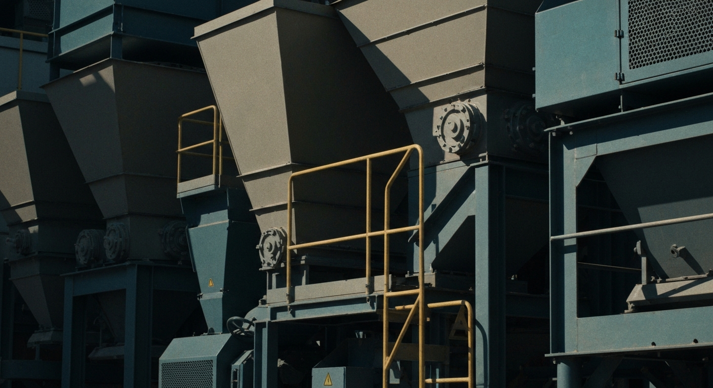 An extreme close-up of industrial potato processing equipment, such as conveyor belts, sorting machines, and packaging lines, capturing the heavy, mechanical nature of Lamb Weston's business operations in a conceptual, non-literal way.