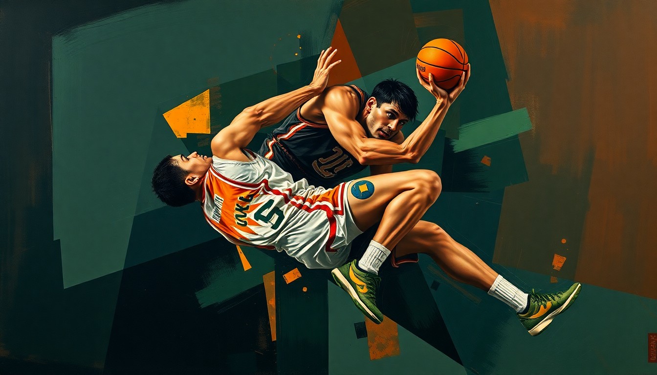 A fractured, geometric painting depicting the overlapping perspectives of a basketball player's collision, rendered in muted tones of navy, green, and orange to convey the serious nature of the injury.
