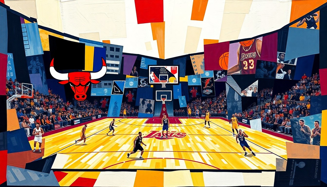 A cubist, geometric painting depicting fragmented basketball players and court elements in a mix of red, black, and gold, representing the tension and uncertainty surrounding Jaden Ivey's career after his controversial remarks.