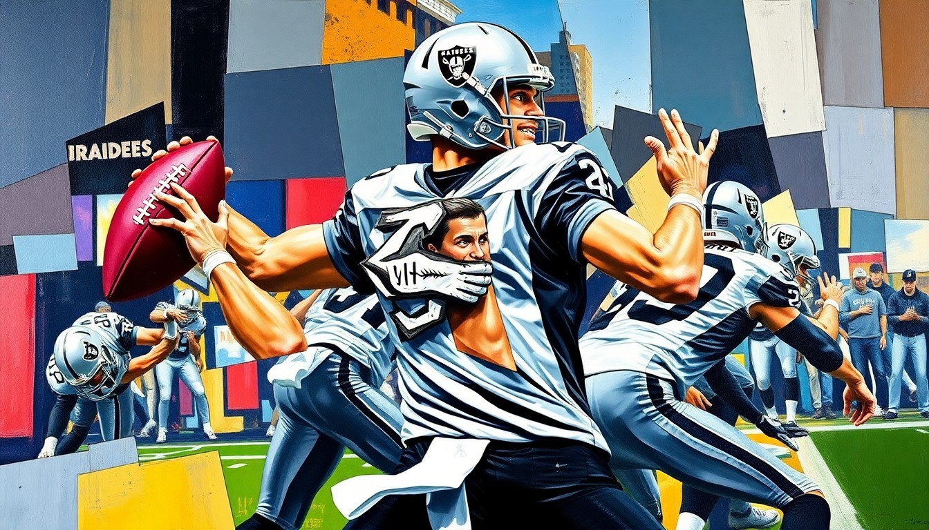 A cubist, geometric painting depicting a quarterback in motion, with sharp, overlapping planes of silver, black, and other vibrant colors representing the Raiders' uniforms and the dynamic nature of the quarterback position.