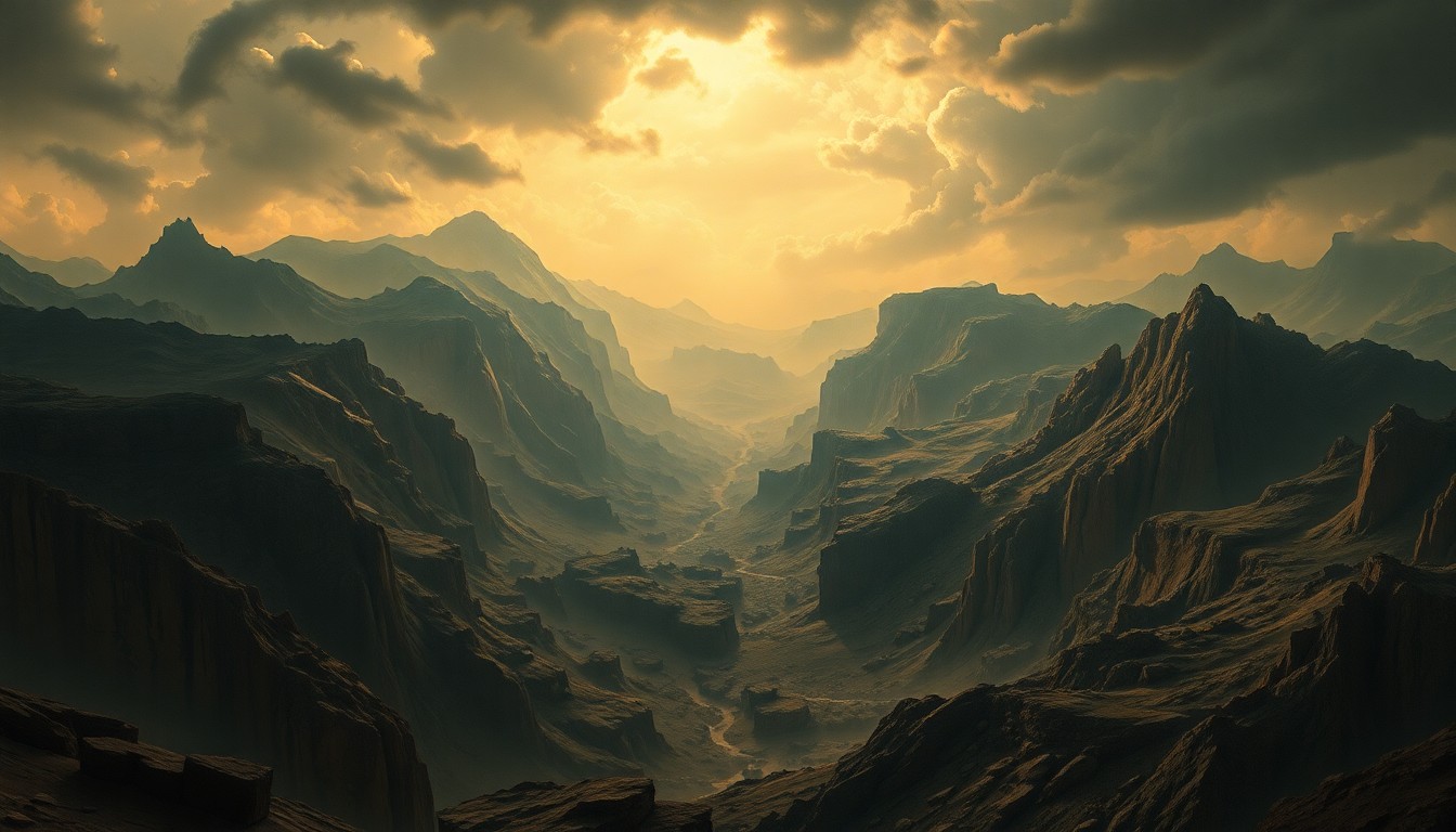 A sweeping, atmospheric landscape painting depicting the shaking earth and trembling horizon, conveying the overwhelming scale and power of a moderate earthquake in the region.