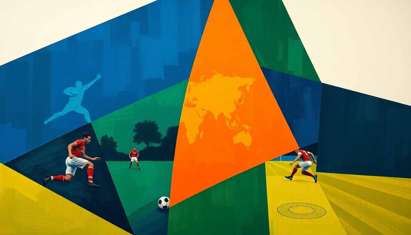 A fragmented, geometric painting depicting the abstract forms of football players and a field, rendered in deep blues, greens, and oranges, conceptually representing the complex negotiations of a major trade deal.