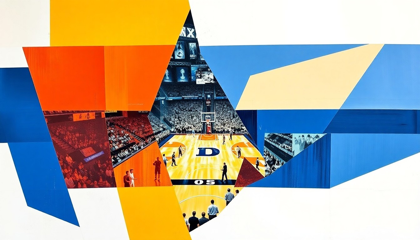 A fragmented, geometric painting depicting the final seconds of a basketball game, with overlapping shapes and planes representing the high-stakes action and emotional turmoil of the moment.