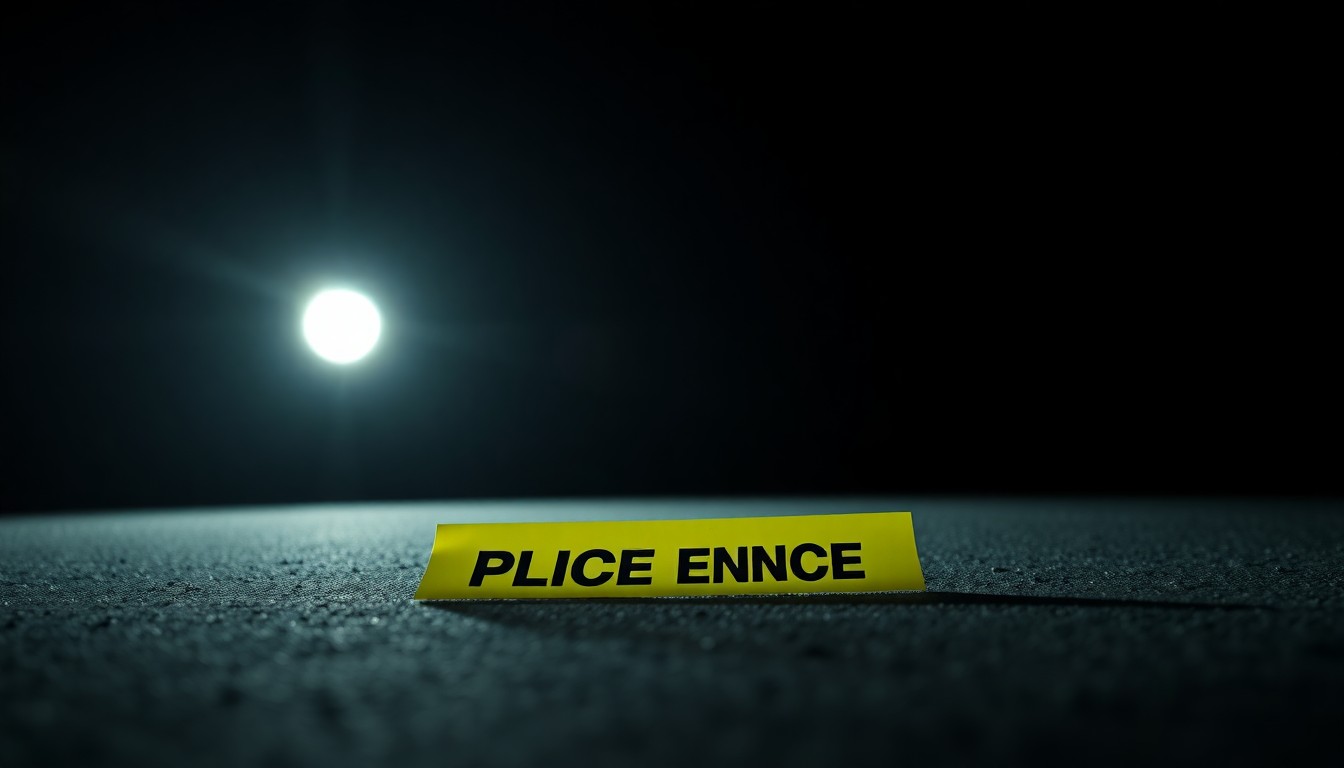 An extreme close-up photograph of a police evidence marker on the ground, lit by a harsh, direct camera flash against a pitch-black background, conceptually illustrating the investigative nature of the response to the bomb threat.