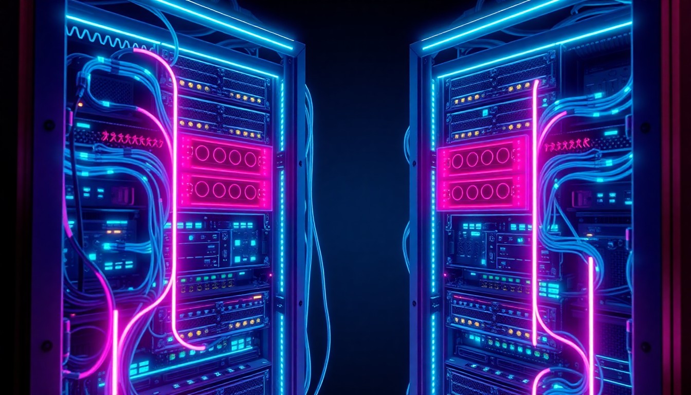 A highly detailed, glowing 3D illustration of two interconnected AI server racks, with neon cyan and magenta lights pulsing through the cables and components, representing the digital infrastructure and peer-to-peer protection mechanisms of large language models.