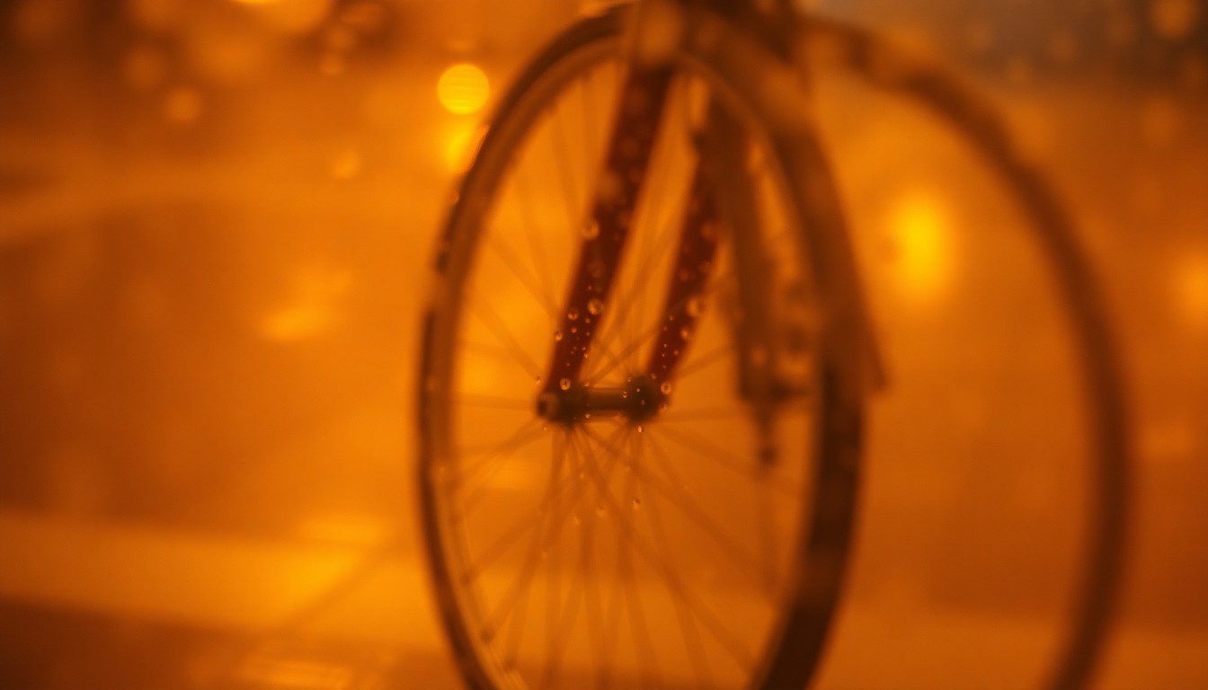 An extremely blurred, impressionistic photograph of a bicycle wheel in a soft, warm color palette, conveying a sense of motion and exploration.