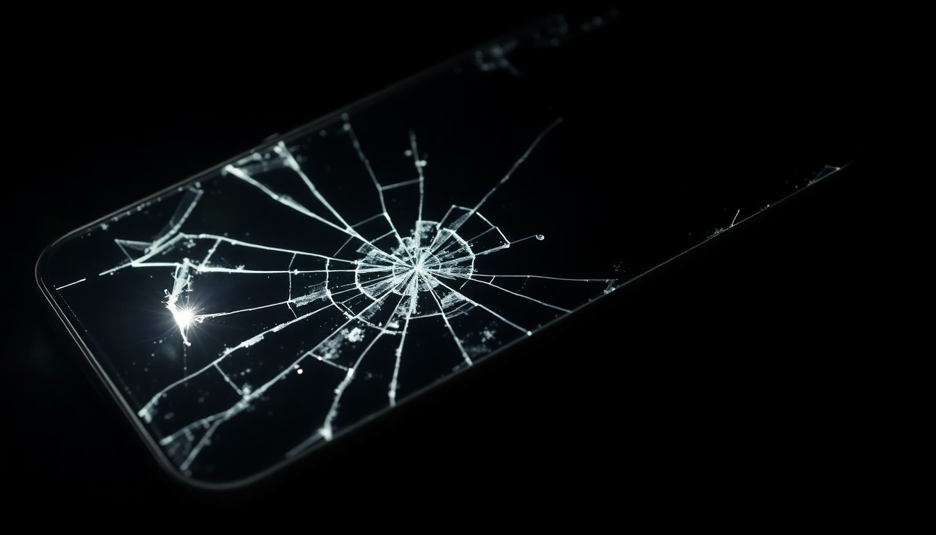 An extreme close-up photograph of a cracked and shattered cell phone screen, lit by a harsh, direct camera flash against a pitch-black background, conceptually representing the aftermath of a domestic violence incident.