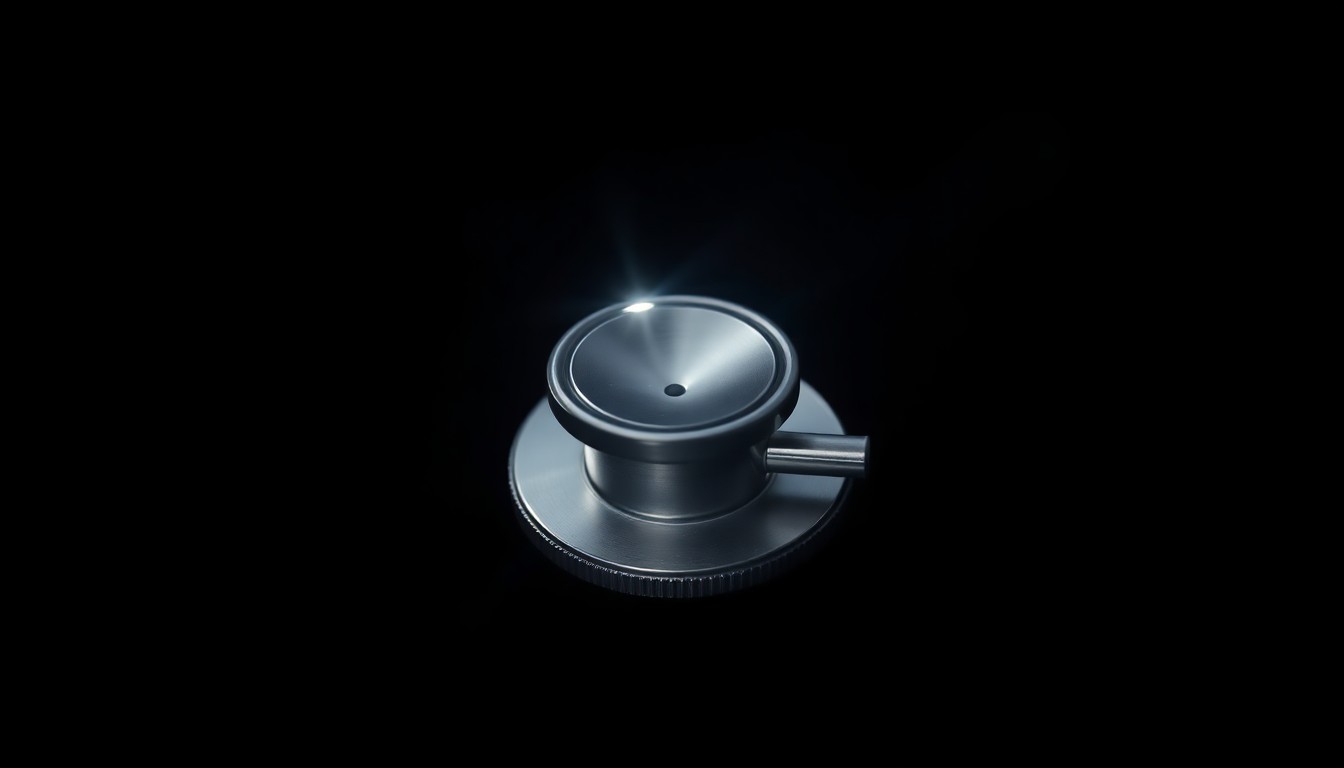 An extreme close-up of a stethoscope, its metallic surface reflecting the harsh light of a direct camera flash, creating a stark, gritty, investigative aesthetic that conceptually illustrates the crackdown on health care fraud.