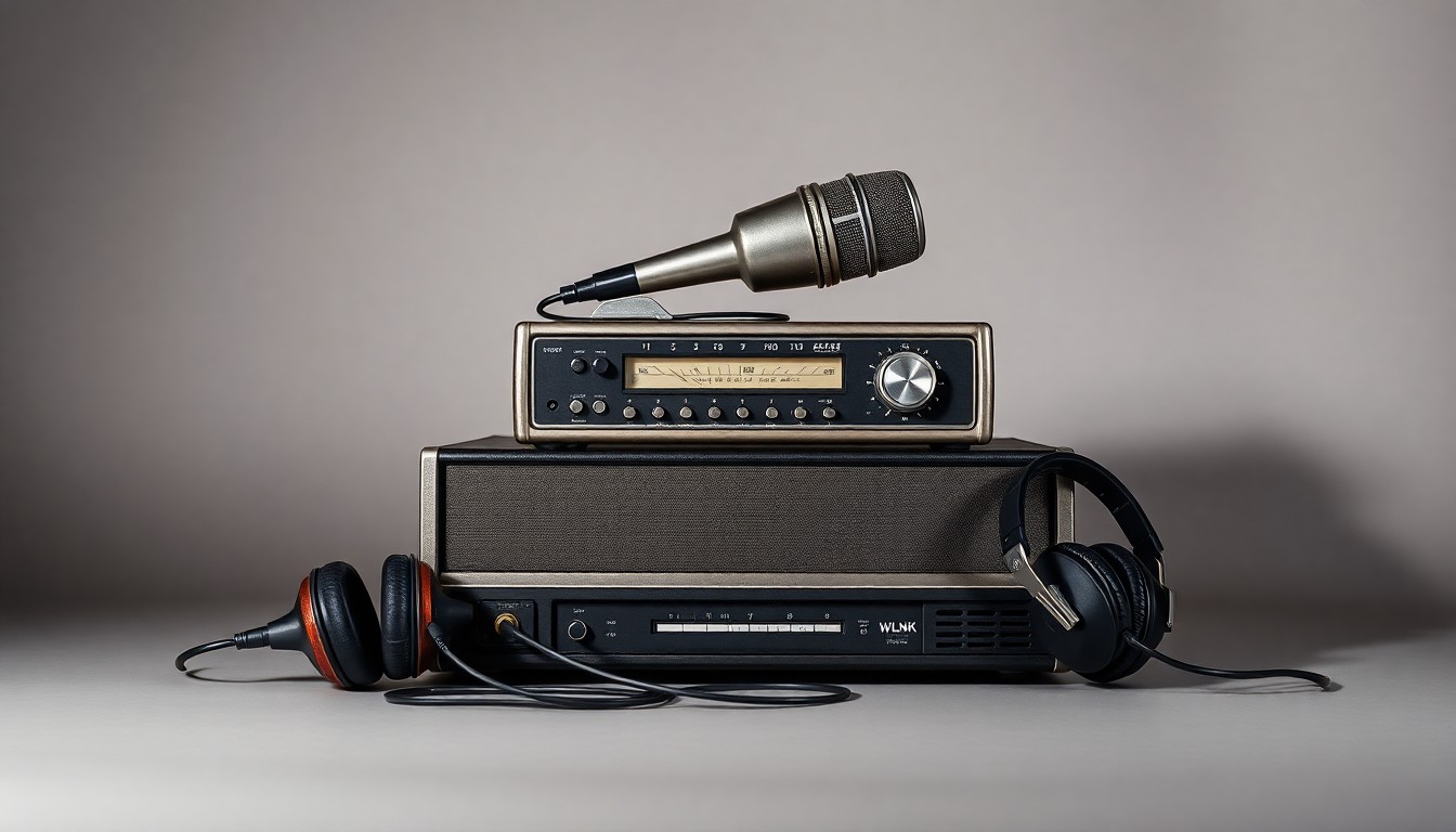 A high-end, photorealistic studio still-life photograph featuring a stack of old radio equipment, including a vintage microphone, a mixing board, and a pair of headphones, arranged elegantly on a clean, monochromatic seamless background, conceptually representing the closure of a long-running radio station.